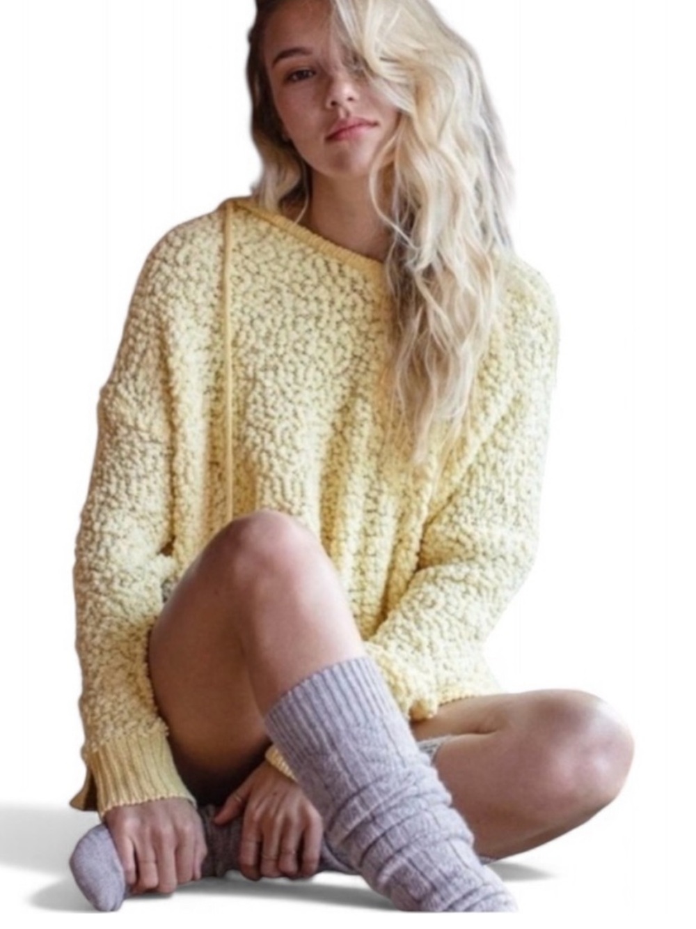 Miracle Women's Popcorn Knit Hooded Sweater in Pale Yellow S/M